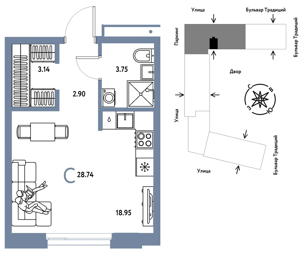 Планировка Студия, 28.74 м² ЖК «Микрорайон Домашний»