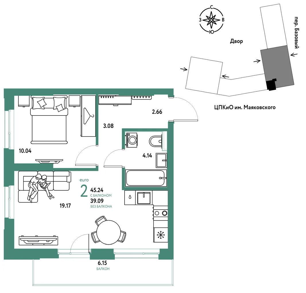 Планировка 2-комн. квартира, 45.24 м² ЖК «Сибирский сад»