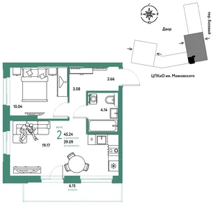 Планировка 2-комн. квартира, 45.24 м² ЖК «Сибирский сад»