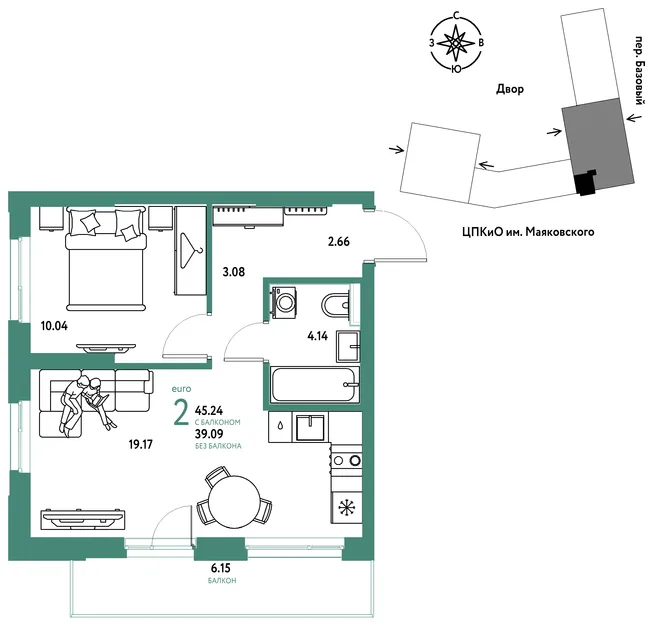 Планировка 2-комн. квартира, 45.24 м² ЖК «Сибирский сад» Планировка 2-комн. квартира, 45.24 м² ЖК «Сибирский сад»
