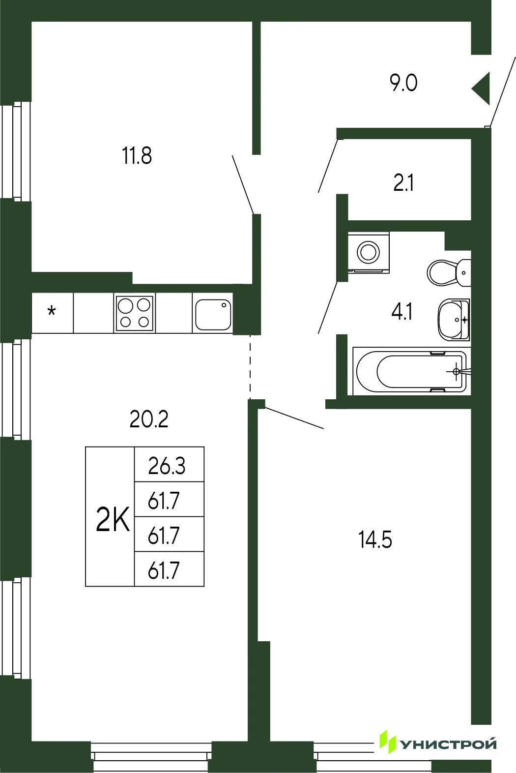Планировка 2-комн. квартира, 61.7 м² ЖК «Парковый квартал 2.0»