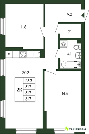 Планировка 2-комн. квартира, 61.7 м² ЖК «Парковый квартал 2.0»