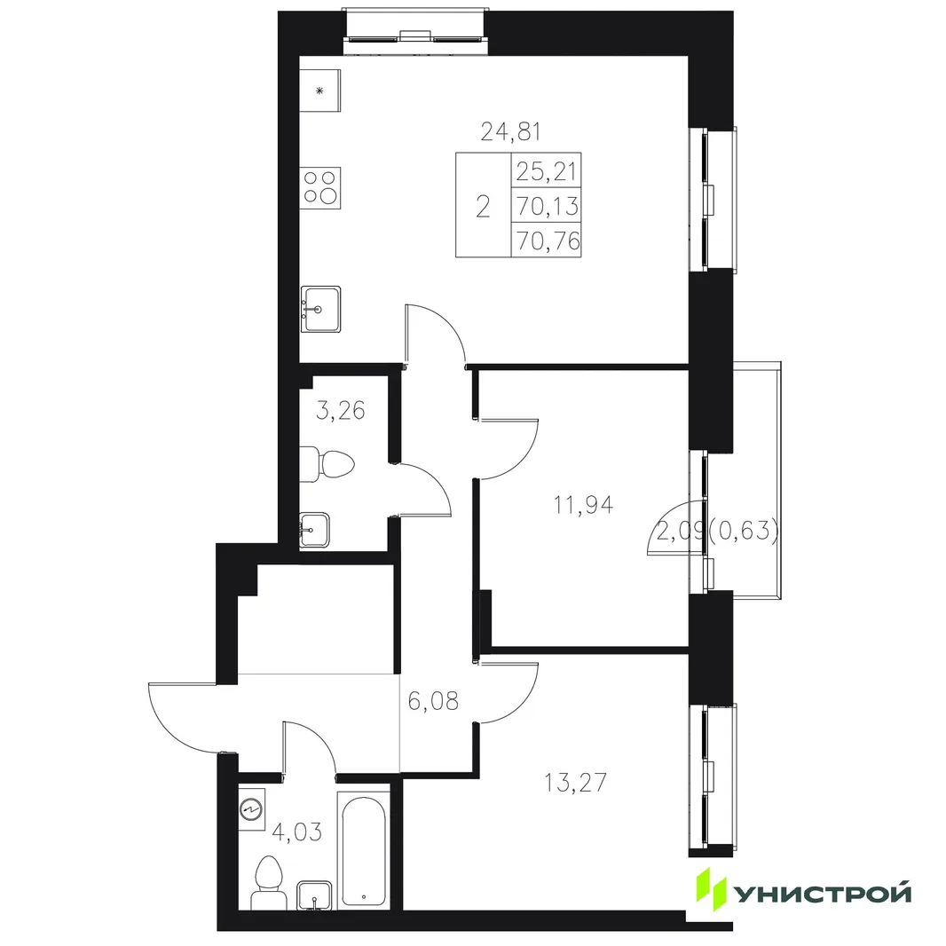 Планировка 2-комн. квартира, 70.76 м² ЖК «Statum»