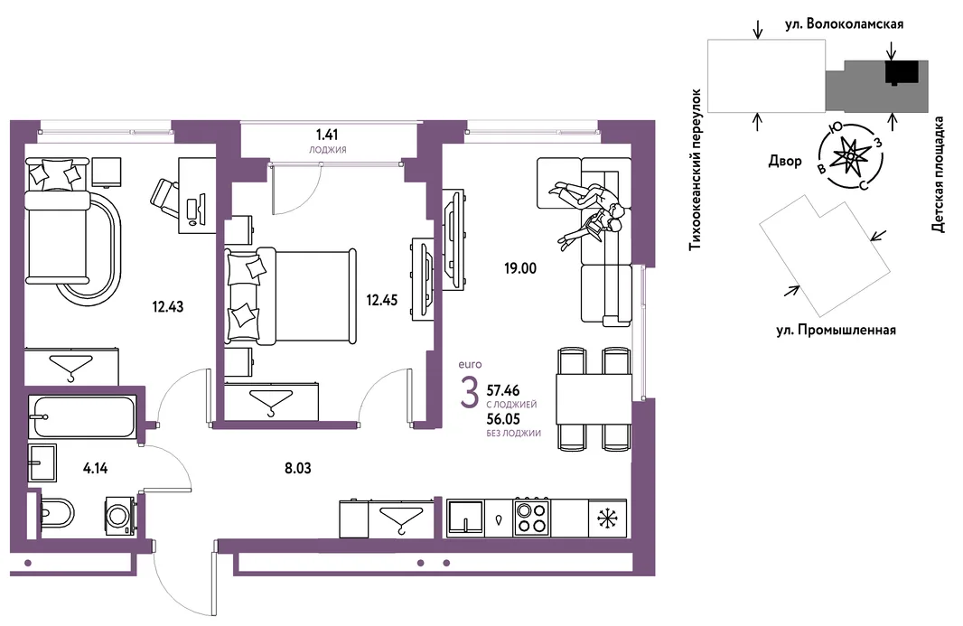 Планировка 3-комн. квартира, 57.46 м² ЖК «Страна Прибрежная»