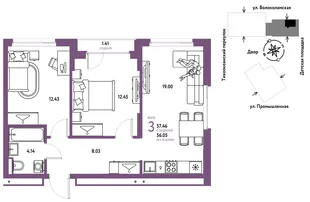 Планировка 3-комн. квартира, 57.46 м² ЖК «Страна Прибрежная»