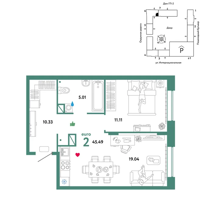 Планировка 2-комн. квартира, 45.49 м² ЖК «Юнион» Планировка 2-комн. квартира, 45.49 м² ЖК «Юнион»