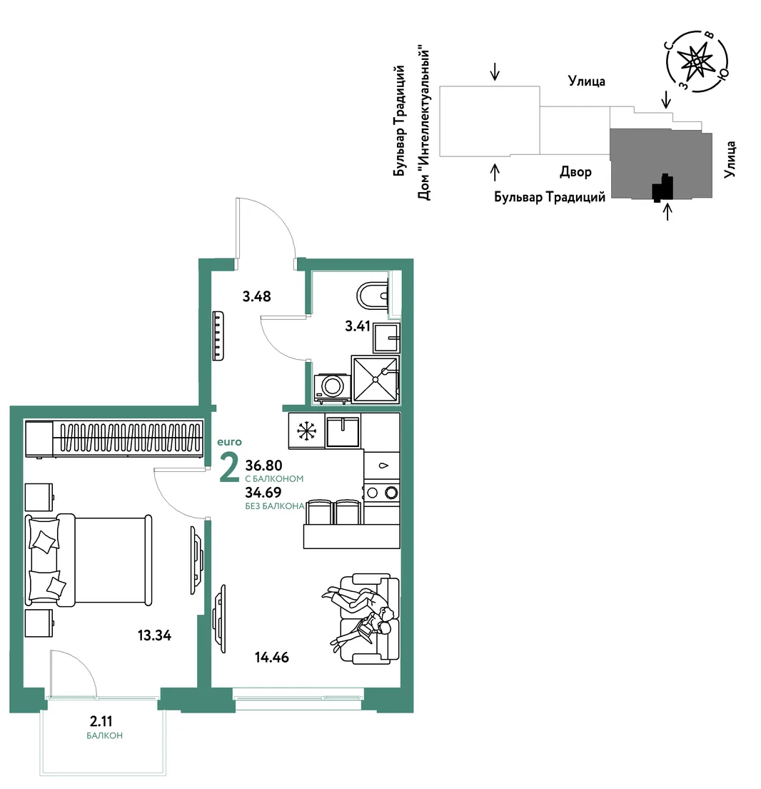 Планировка 2-комн. квартира, 36.8 м² ЖК «Микрорайон Домашний»
