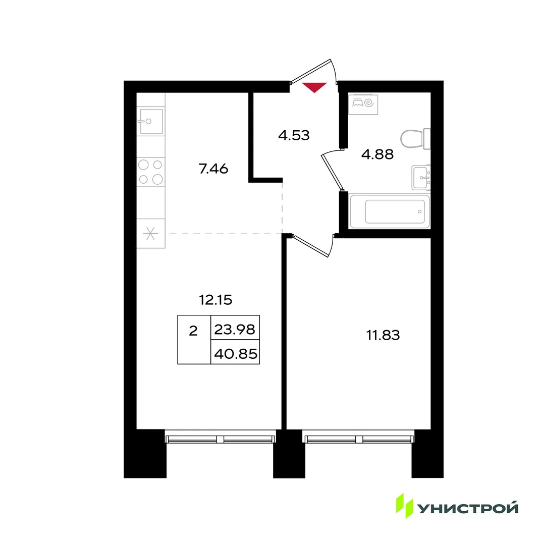 Планировка 2-комн. квартира, 40.85 м² ЖК «Уникум на Энгельса»
