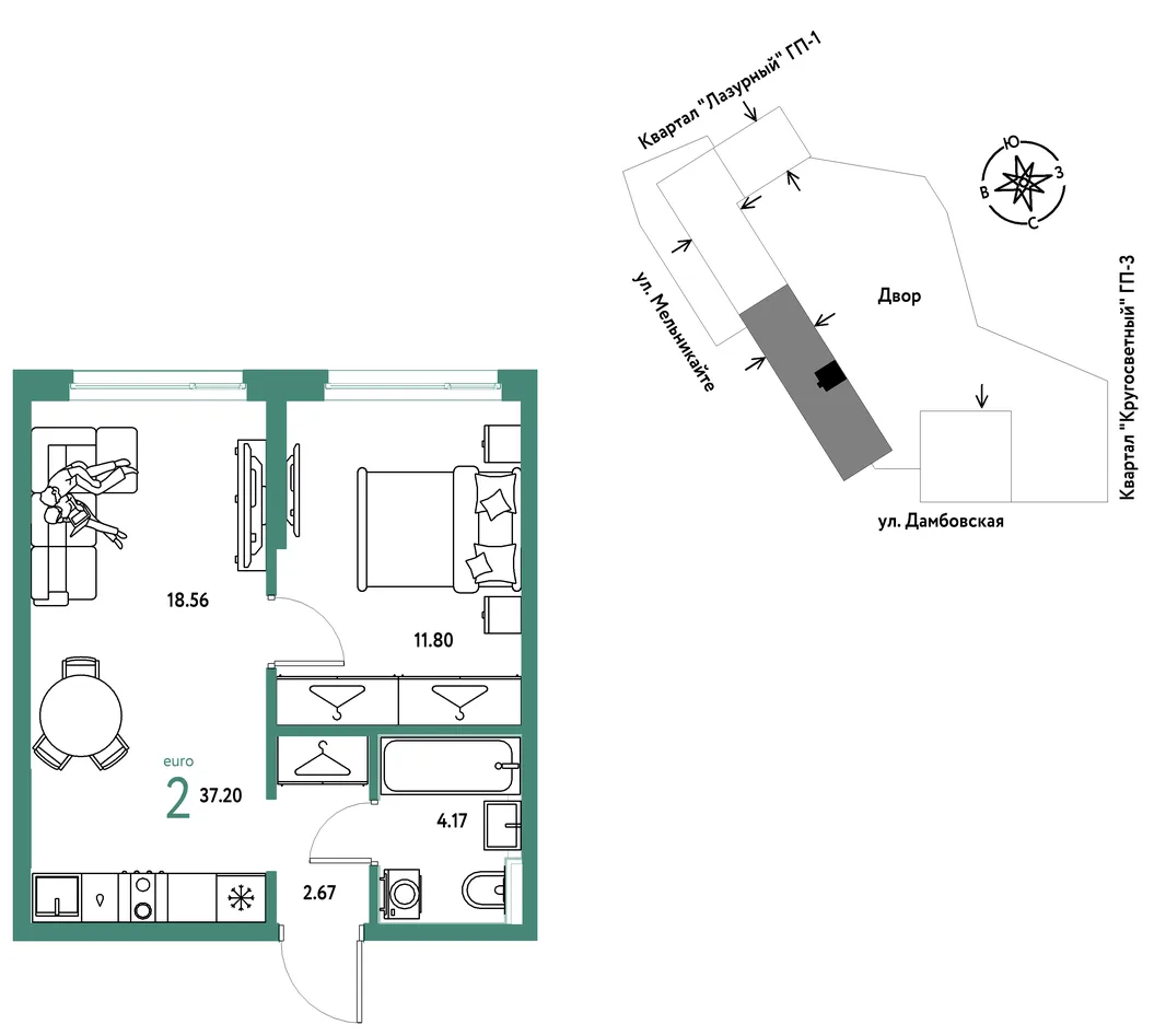 Планировка 2-комн. квартира, 37.2 м² ЖК «Страна Прибрежная»