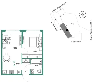 Планировка 2-комн. квартира, 37.2 м² ЖК «Страна Прибрежная»