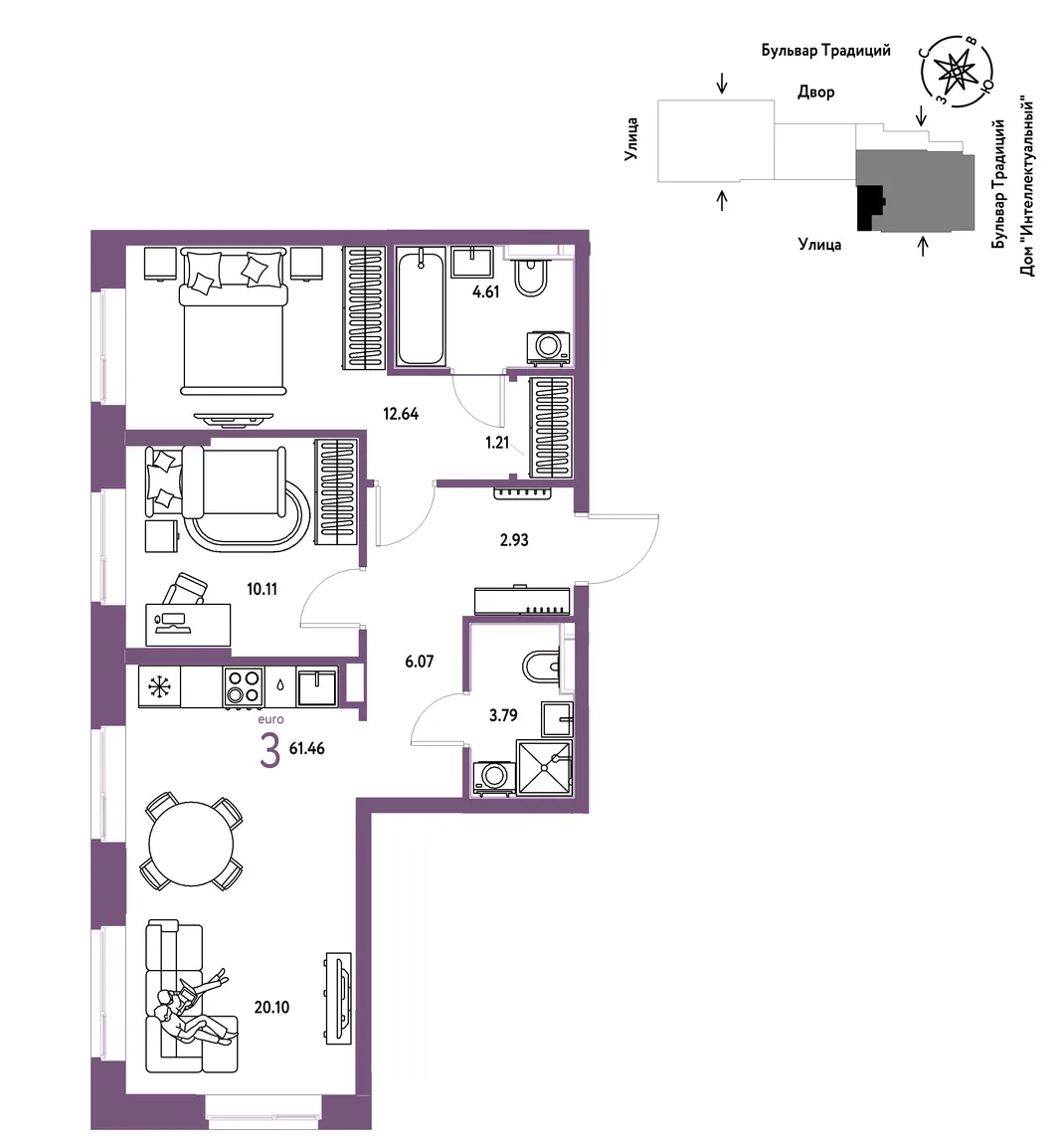 Планировка 3-комн. квартира, 61.46 м² ЖК «Микрорайон Домашний»