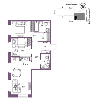 Планировка 3-комн. квартира, 61.46 м² ЖК «Микрорайон Домашний»