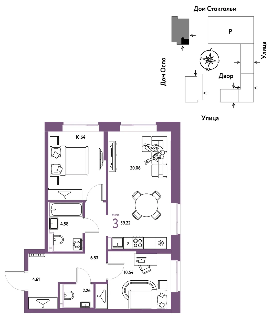 Планировка 3-комн. квартира, 59.22 м² ЖК «Европейский берег 2.0»
