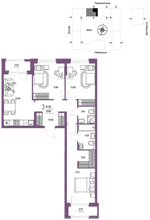 Планировка 3-комн. квартира, 81.08 м² ЖК «Европейский берег 2.0»