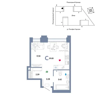 Планировка Студия, 29 м² ЖК «Микрорайон Звездный»