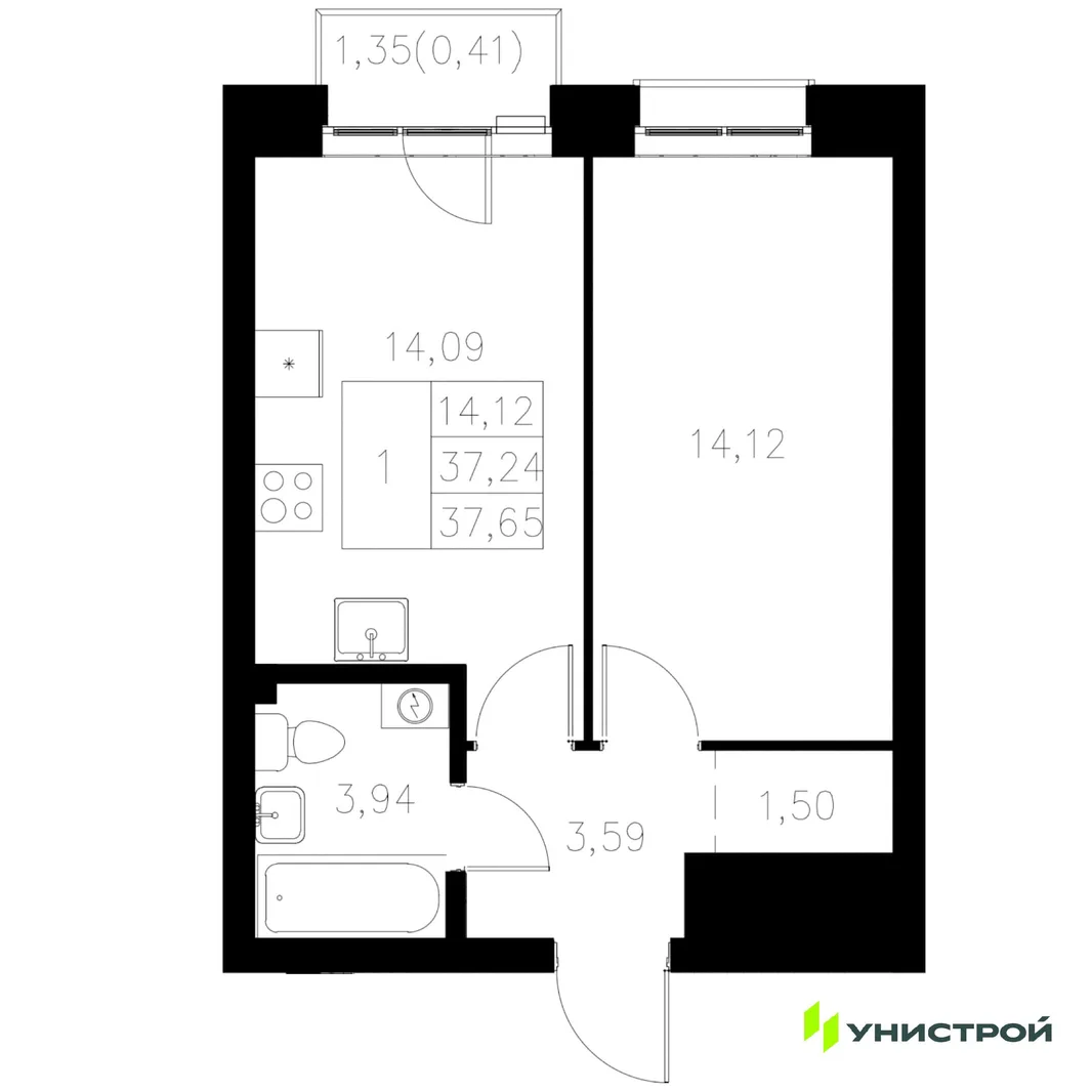 Планировка 1-комн. квартира, 37.65 м² ЖК «Statum»