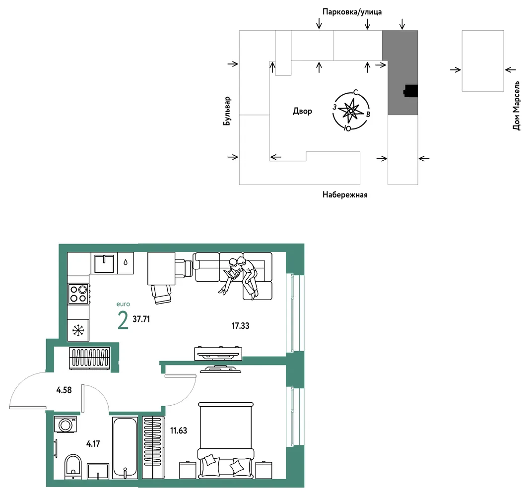 Планировка 2-комн. квартира, 37.71 м² ЖК «Европейский берег 2.0»