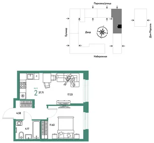 Планировка 2-комн. квартира, 37.71 м² ЖК «Европейский берег 2.0»