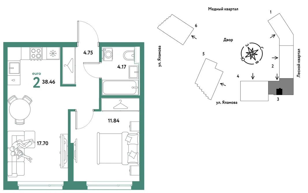 Планировка 2-комн. квартира, 38.46 м² ЖК «Сибирский сад»
