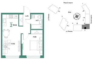 Планировка 2-комн. квартира, 38.46 м² ЖК «Сибирский сад»