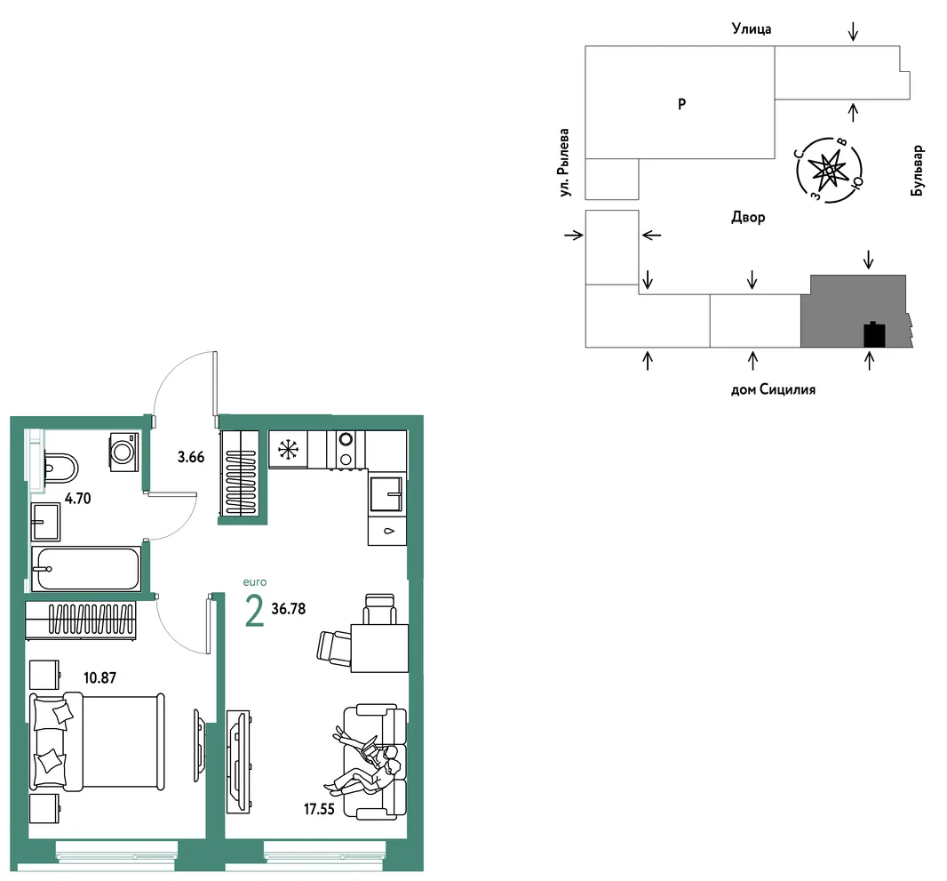 Планировка 2-комн. квартира, 36.78 м² ЖК «Остров-сад»