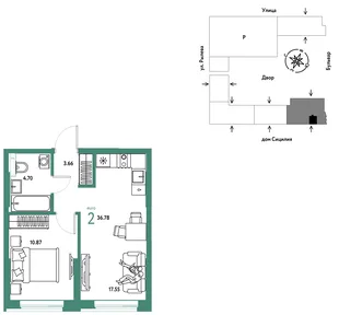 Планировка 2-комн. квартира, 36.78 м² ЖК «Остров-сад»
