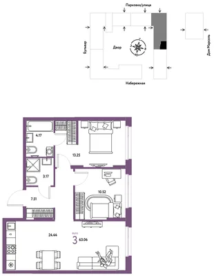 Планировка 3-комн. квартира, 63.06 м² ЖК «Европейский берег 2.0»