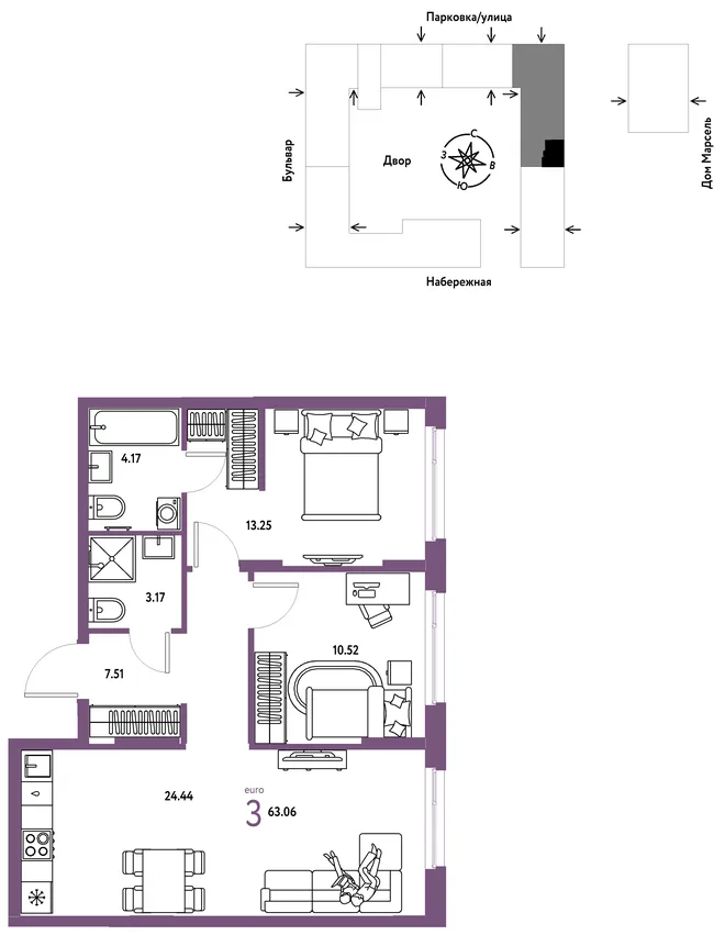 Планировка 3-комн. квартира, 63.06 м² ЖК «Европейский берег 2.0» Планировка 3-комн. квартира, 63.06 м² ЖК «Европейский берег 2.0»