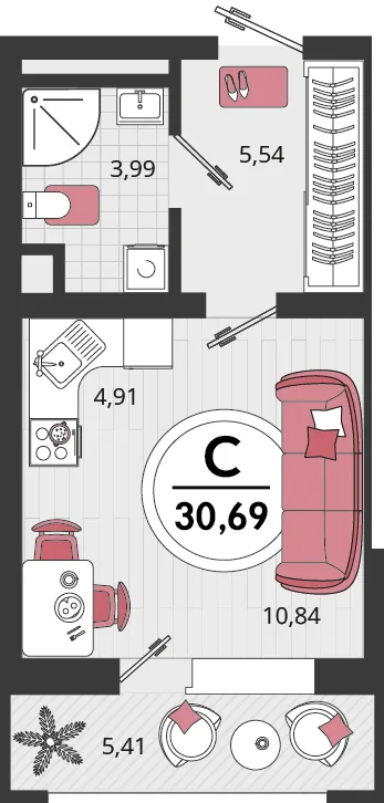 Планировка 1-комн. квартира, 30.69 м² ЖК «Родные просторы»