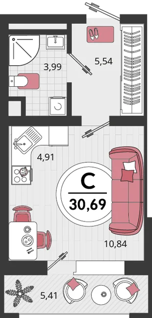 Планировка 1-комн. квартира, 30.69 м² ЖК «Родные просторы»