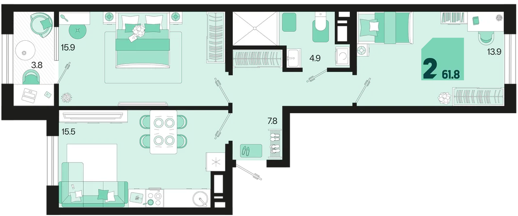 Планировка 2-комн. квартира, 61.8 м² ЖК «Первое место»