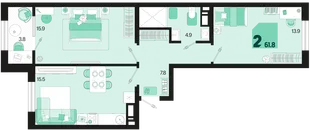Планировка 2-комн. квартира, 61.8 м² ЖК «Первое место»