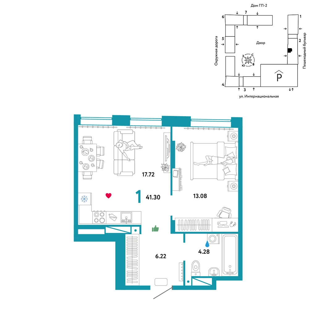 Планировка 1-комн. квартира, 41.3 м² ЖК «Юнион»