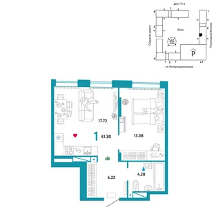 Планировка 1-комн. квартира, 41.3 м² ЖК «Юнион»