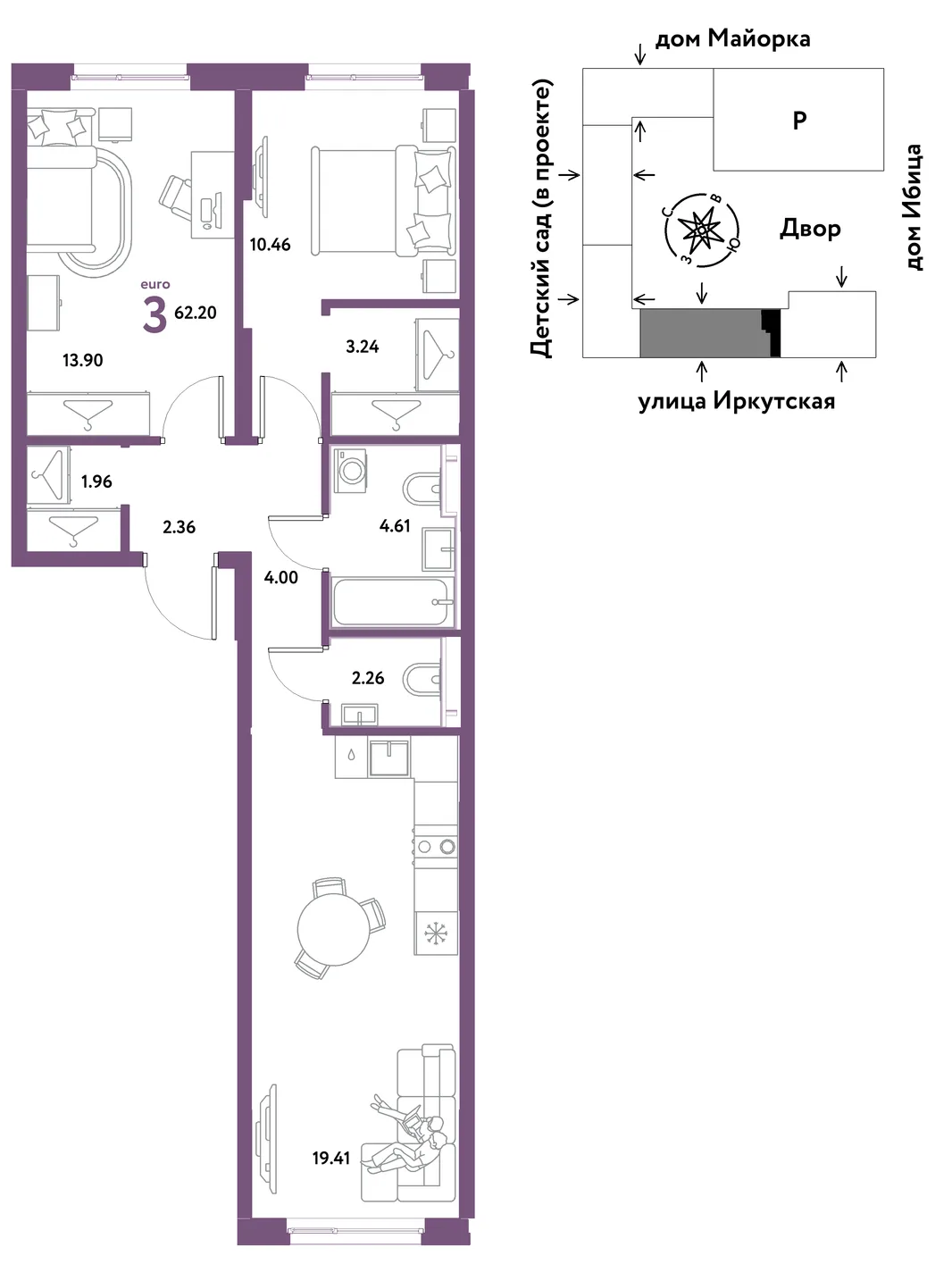 Планировка 3-комн. квартира, 62.2 м² ЖК «Остров-сад»