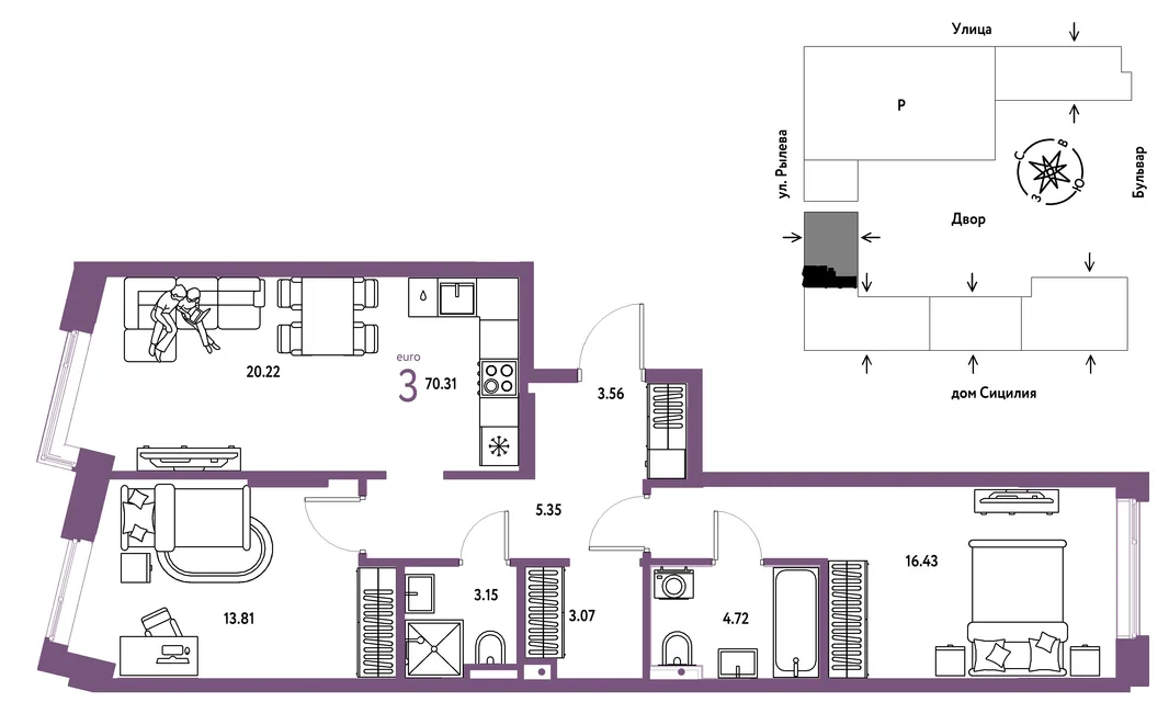 Планировка 3-комн. квартира, 70.31 м² ЖК «Остров-сад»