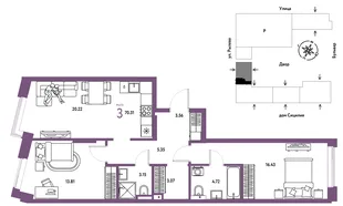 Планировка 3-комн. квартира, 70.31 м² ЖК «Остров-сад»