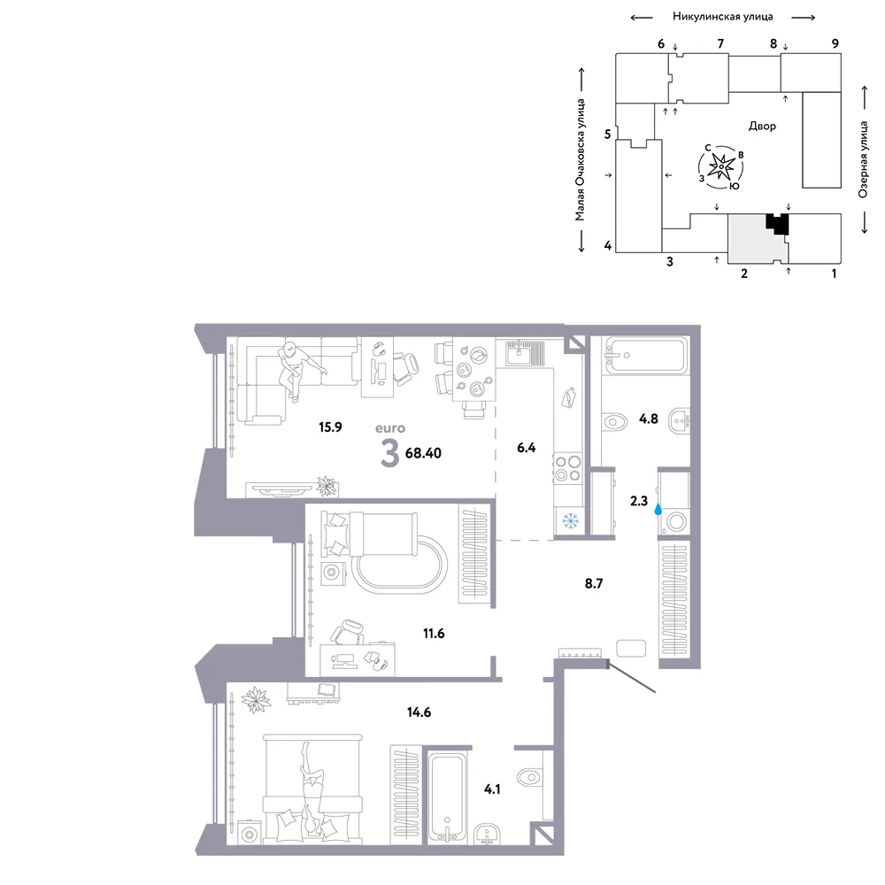 Планировка 3-комн. квартира, 68.4 м² ЖК «Страна.Озёрная»