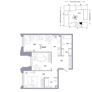 Планировка 3-комн. квартира, 68.4 м² ЖК «Страна.Озёрная»