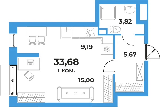Планировка Студия, 33.68 м² ЖК «На семи холмах» Планировка Студия, 33.68 м² ЖК «На семи холмах»