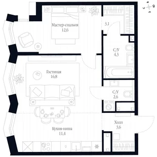 Квартира 2-комн. квартира, 54.4 м² ЖК «Фордевинд» Фото 1 Квартира 2-комн. квартира, 54.4 м² ЖК «Фордевинд» Фото 1