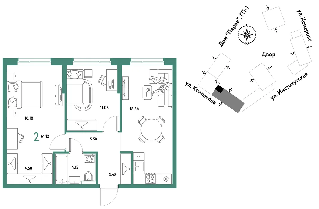 Планировка 2-комн. квартира, 61.12 м² ЖК «Страна.Парковая»