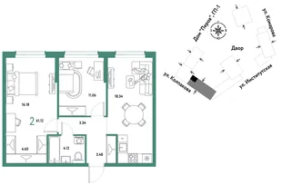 Планировка 2-комн. квартира, 61.12 м² ЖК «Страна.Парковая»