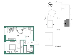 Планировка 2-комн. квартира, 36.91 м² ЖК «Уральский сад»