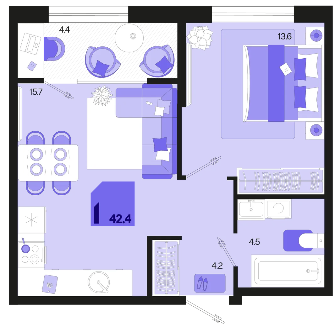 Планировка 1-комн. квартира, 42.4 м² ЖК «Первое место»