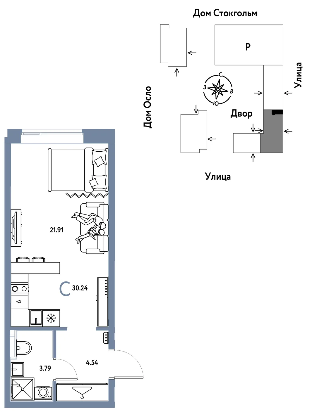 Планировка Студия, 30.24 м² ЖК «Европейский берег 2.0»
