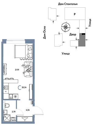 Планировка Студия, 30.24 м² ЖК «Европейский берег 2.0»