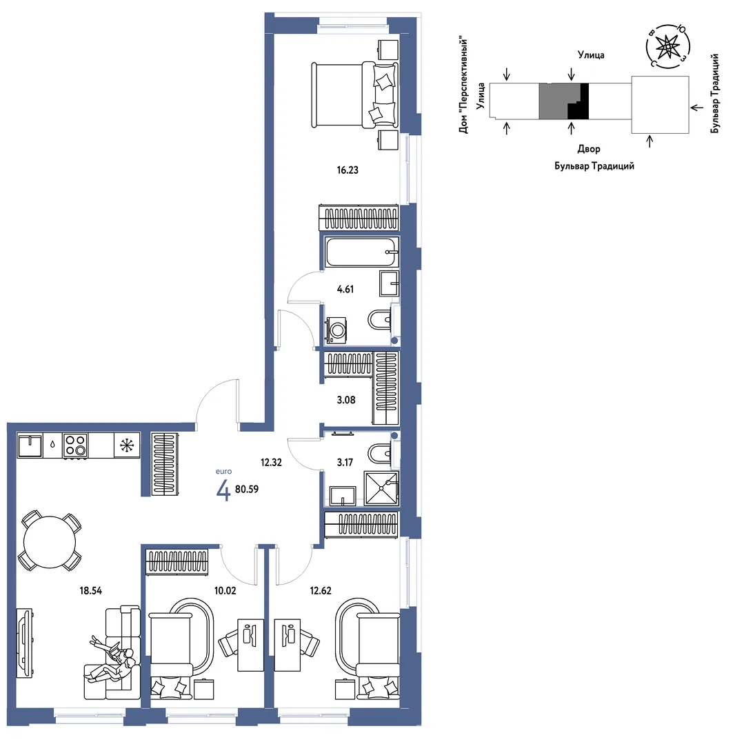 Планировка 4-комн. квартира, 80.59 м² ЖК «Микрорайон Домашний»