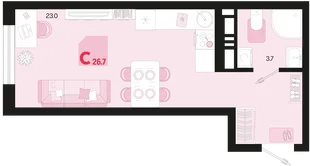 Планировка Студия, 26.7 м² ЖК «Первое место»