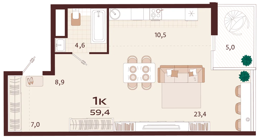Планировка 1-комн. квартира, 59.4 м² ЖК «Роялта»